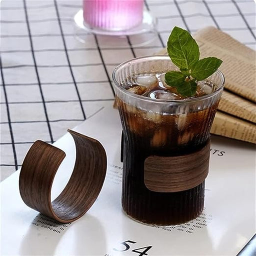 RIBBED GLASS CUP WITH WOOD 320ML  X547