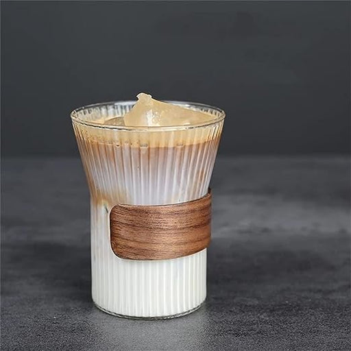 RIBBED GLASS CUP WITH WOOD 320ML  X547