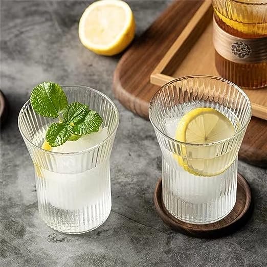 RIBBED GLASS CUP WITH WOOD 320ML  X547